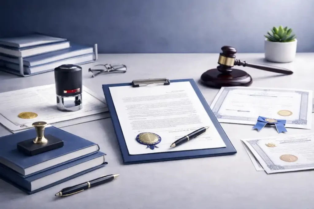 Legal documents and office supplies arranged